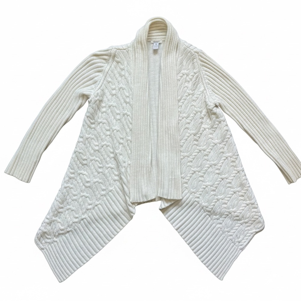 Chico's Cream Cable Knit Open Front Cardigan Sweater Size Med Flowy Classy